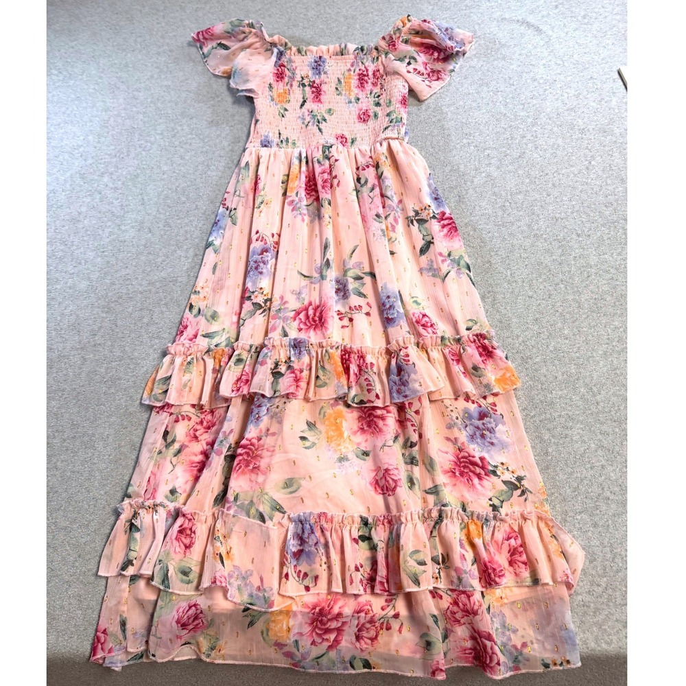 Rare Editions Girls Floral Smocked Maxi Dress Pink Tiered Ruffle Summer Wedding‎